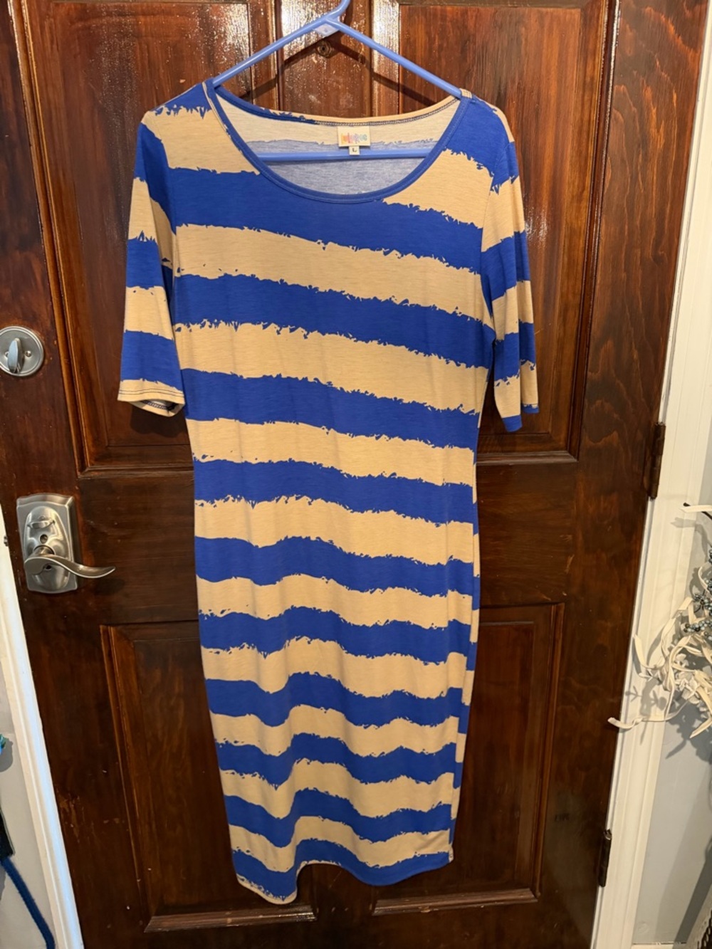 LuLaRoe Blue and Beige Striped Midi Dress